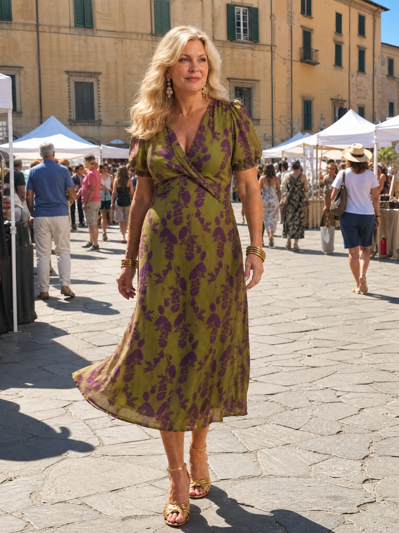 Women’s Floral Midi Dress Relaxed Fit with Wrap V Neckline 7