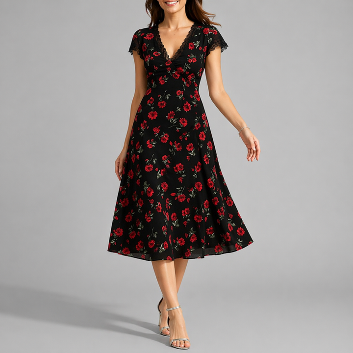 Women’s Floral Midi Dress V-Neck A-Line Black Background 0