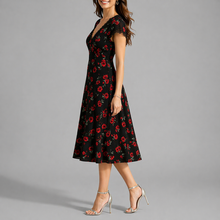 Women’s Floral Midi Dress V-Neck A-Line Black Background 1