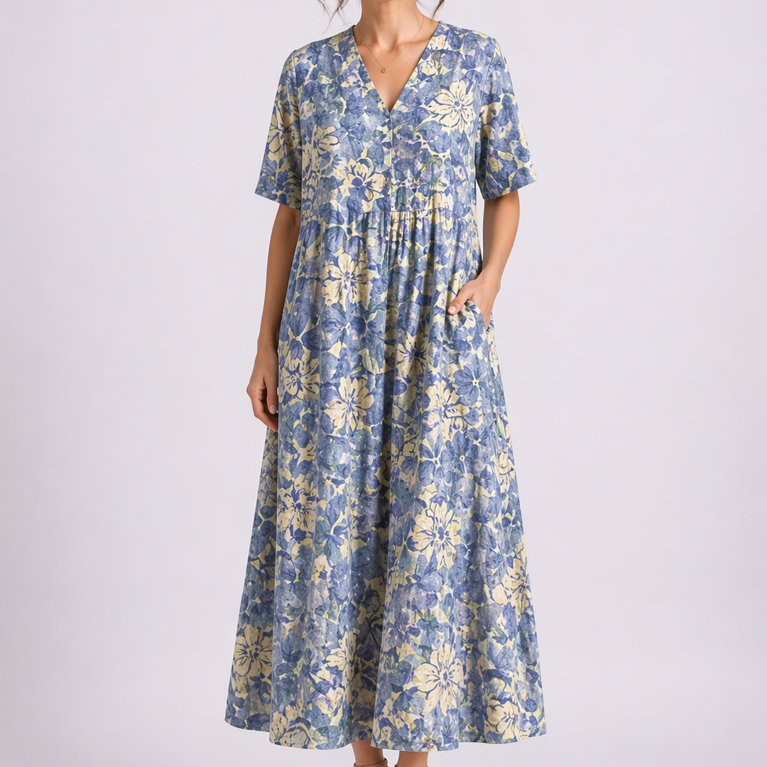 Women’s Floral Midi Dress V-Neck Short Sleeve Design 0