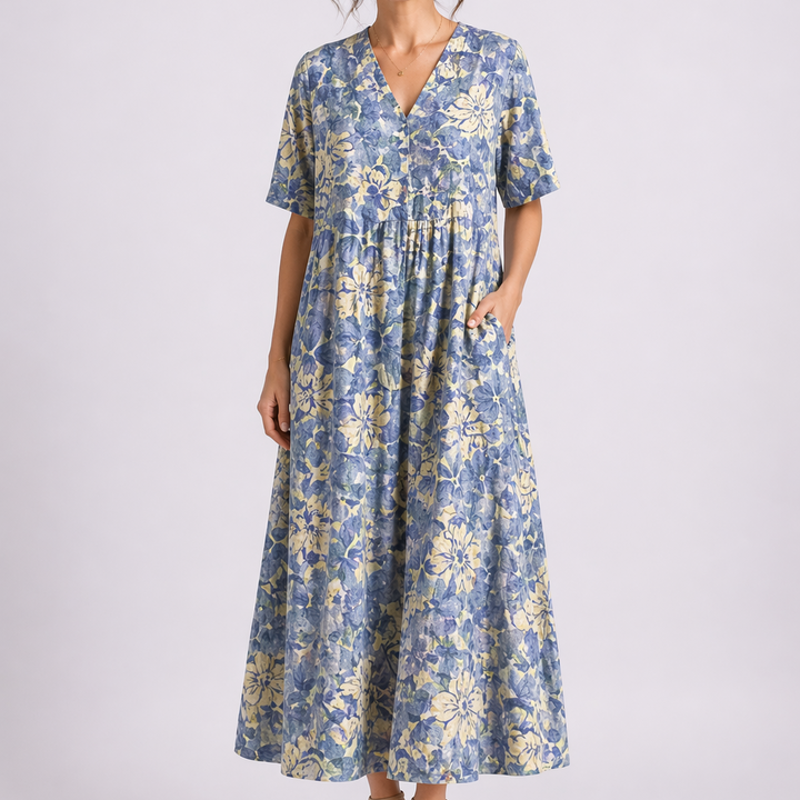 Women’s Floral Midi Dress V-Neck Short Sleeve Design 0