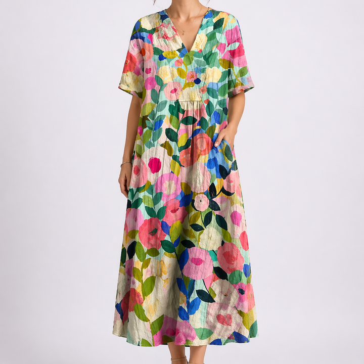 Women’s Floral Midi Dress V-Neck Short Sleeve Design 1