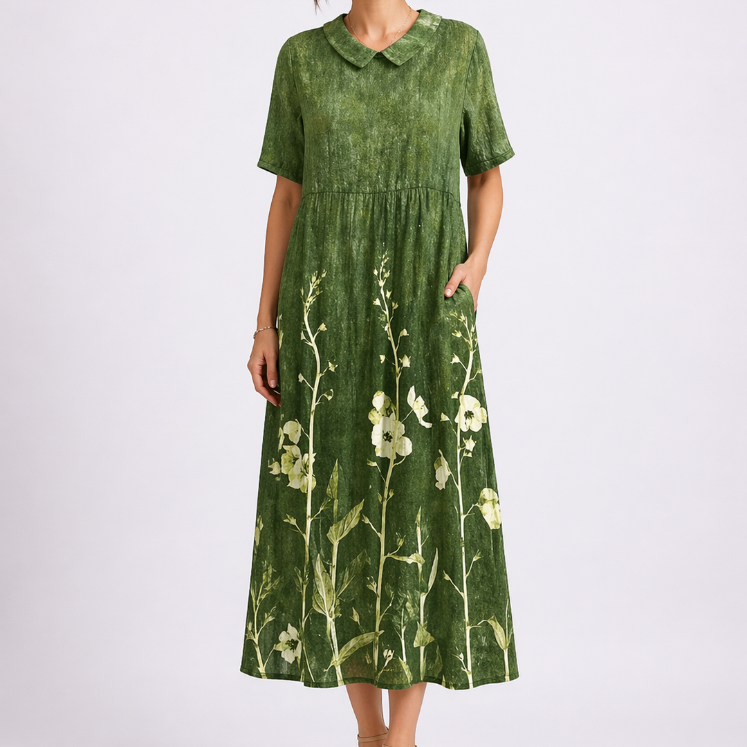 Women’s Floral Midi Dress V-Neck Short Sleeve Design 2