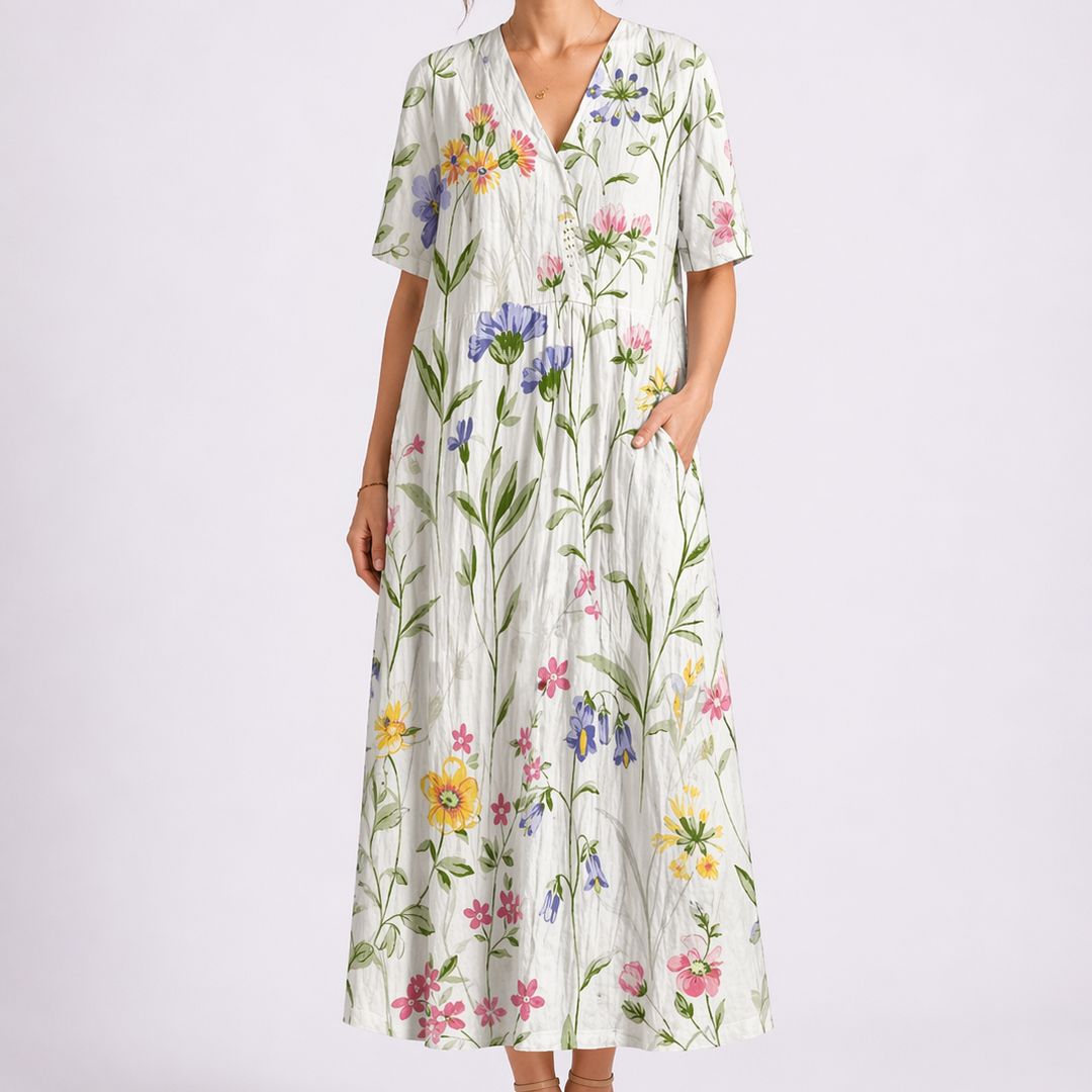 Women’s Floral Midi Dress V-Neck Short Sleeve Design 3