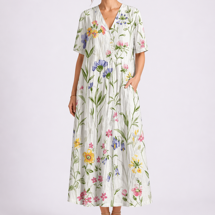 Women’s Floral Midi Dress V-Neck Short Sleeve Design 3