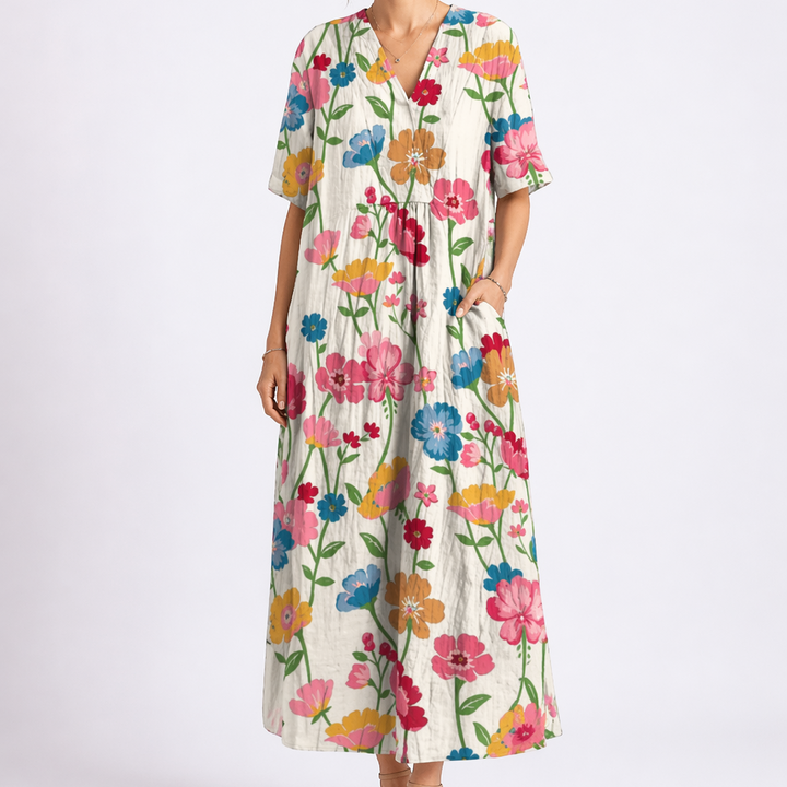 Women’s Floral Midi Dress V-Neck Short Sleeve Design 4