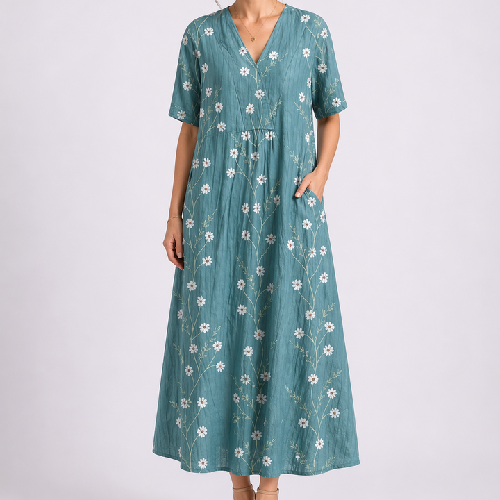 Women’s Floral Midi Dress V-Neck Short Sleeve Design 5