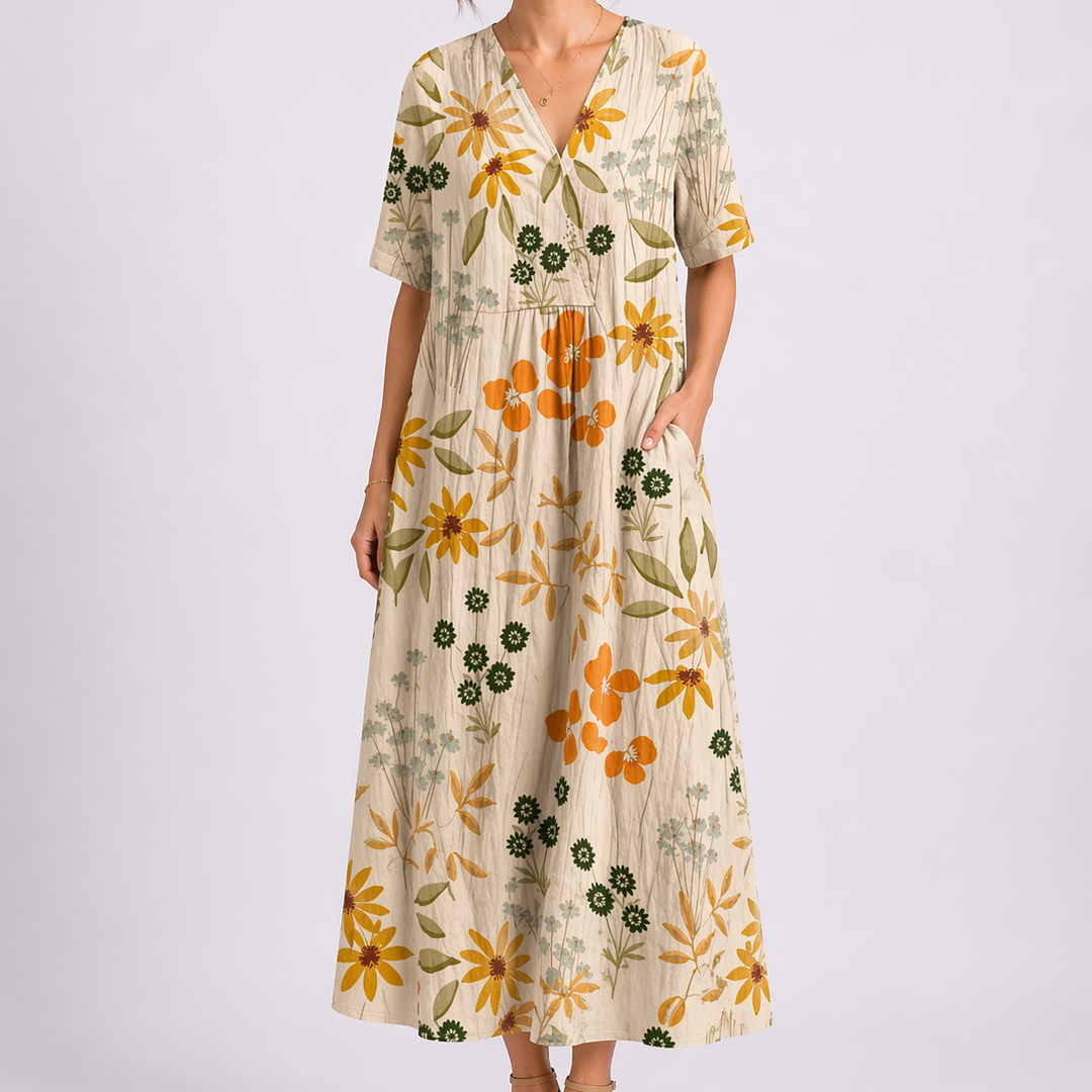 Women’s Floral Midi Dress V-Neck Short Sleeve Design 6