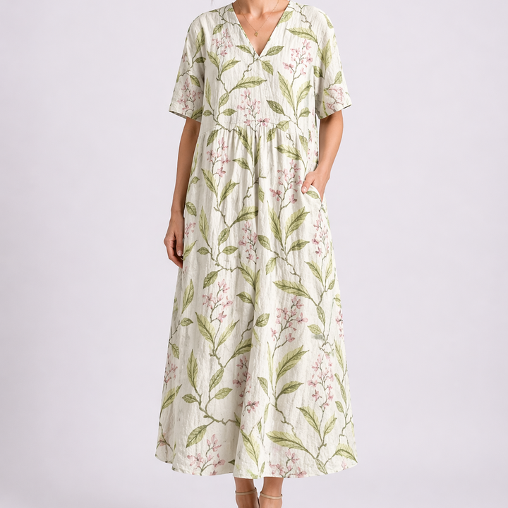 Women’s Floral Midi Dress V-Neck Short Sleeve Design 8