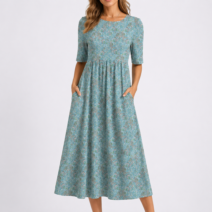 Women’s Floral Midi Dress V-Neckline and Defined Waist 0