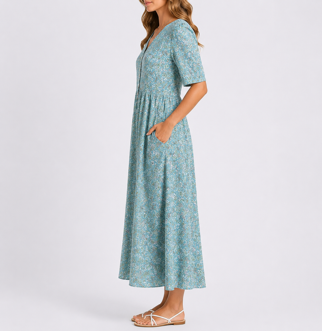 Women’s Floral Midi Dress V-Neckline and Defined Waist 1