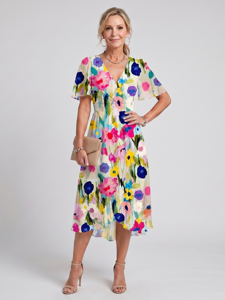 Women’s Floral Midi Dress with Flutter Sleeves and Gathered Waist 7