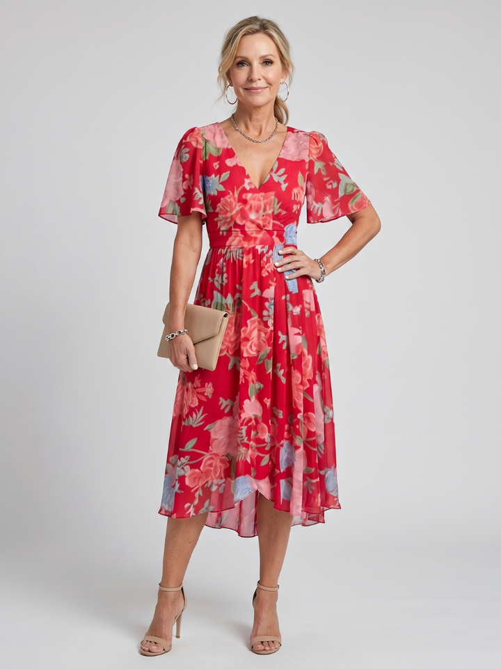 Women’s Floral Midi Dress with Flutter Sleeves and Gathered Waist 9