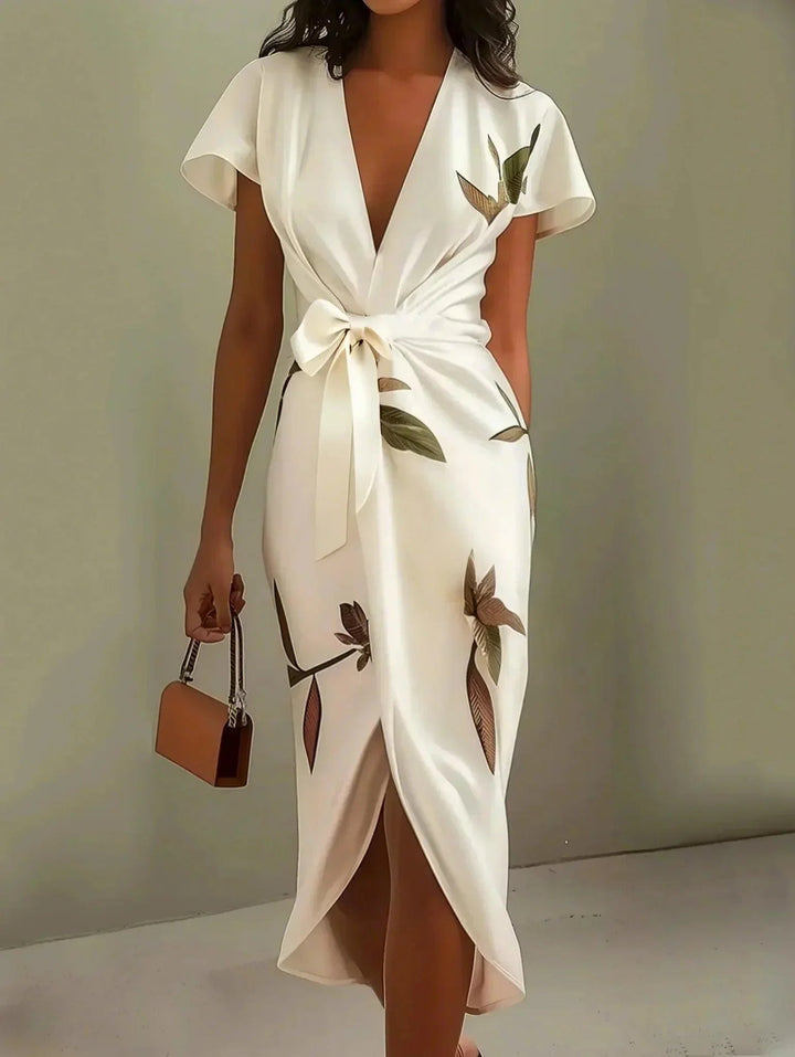 Women’s Floral Wrap Midi Dress Elegant Tie-Waist Style 0