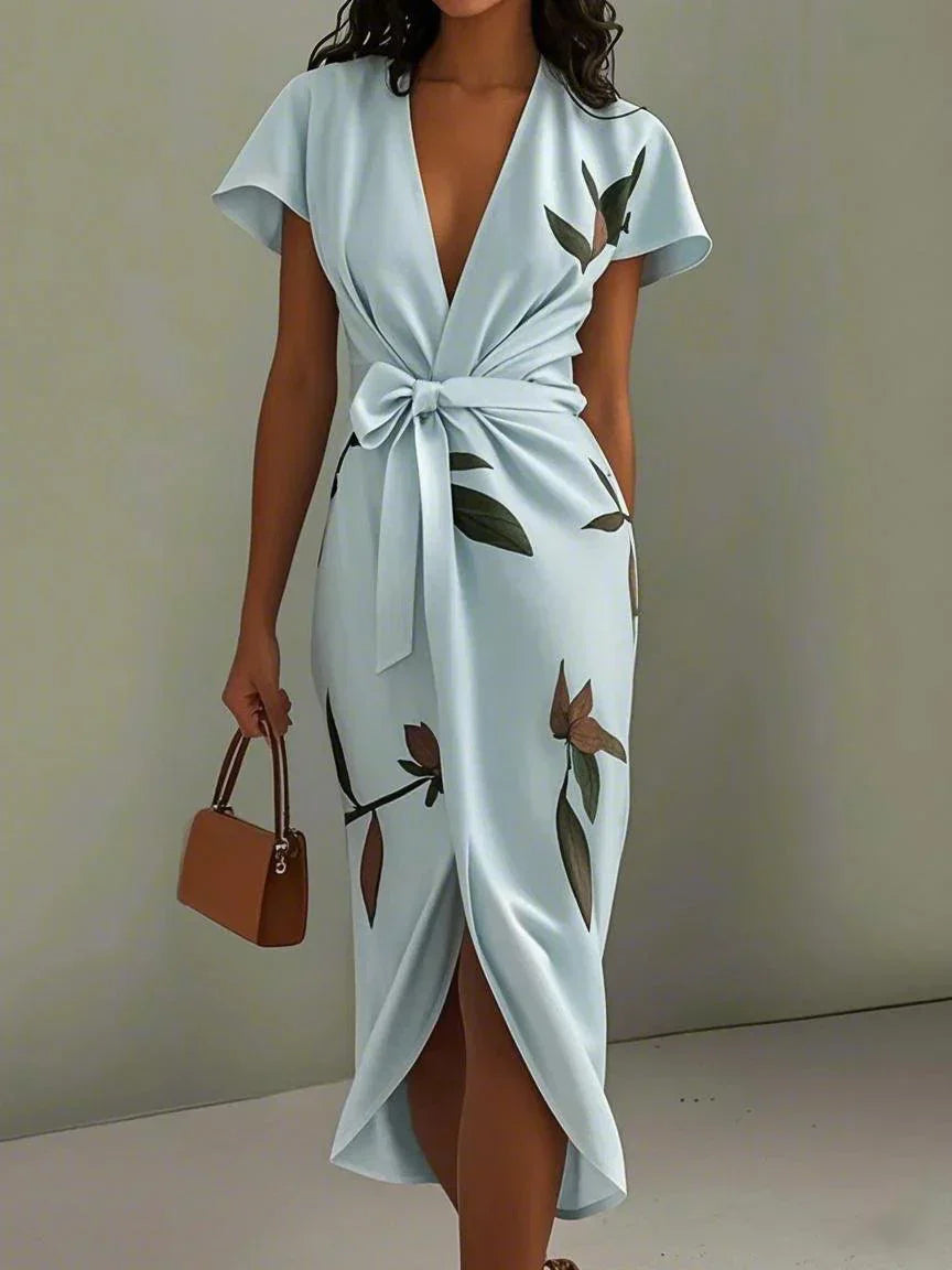 Women’s Floral Wrap Midi Dress Elegant Tie-Waist Style 1