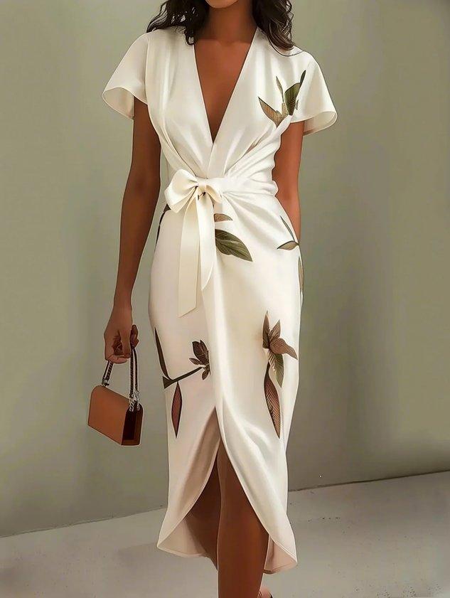 Women’s Floral Wrap Midi Dress Elegant Tie-Waist Style 2