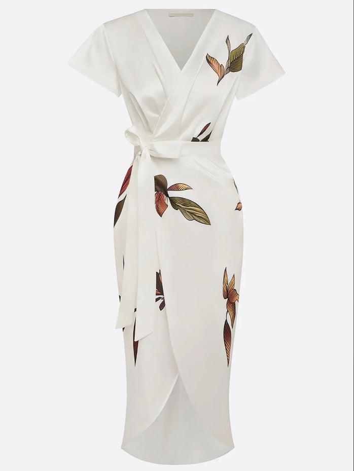 Women’s Floral Wrap Midi Dress Elegant Tie-Waist Style 5