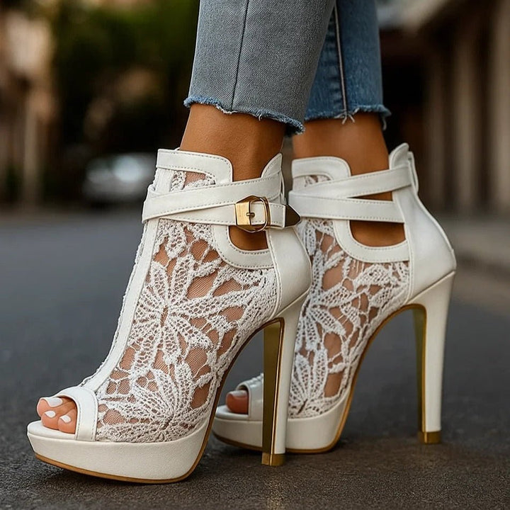 Women’s Gold Lace Peep-Toe Stiletto Heels with Ankle Strap 1