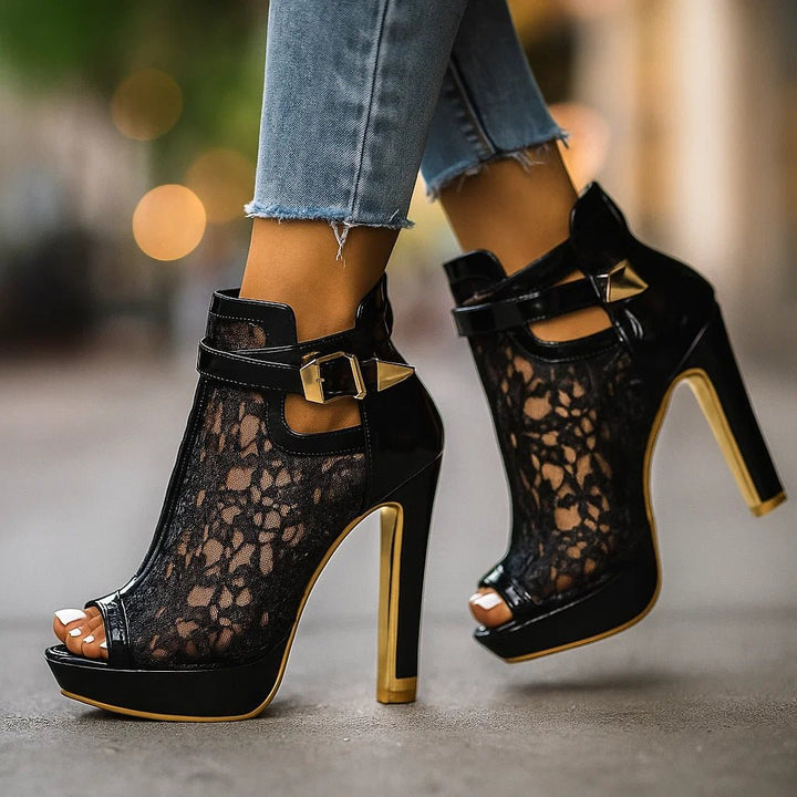 Women’s Gold Lace Peep-Toe Stiletto Heels with Ankle Strap 6
