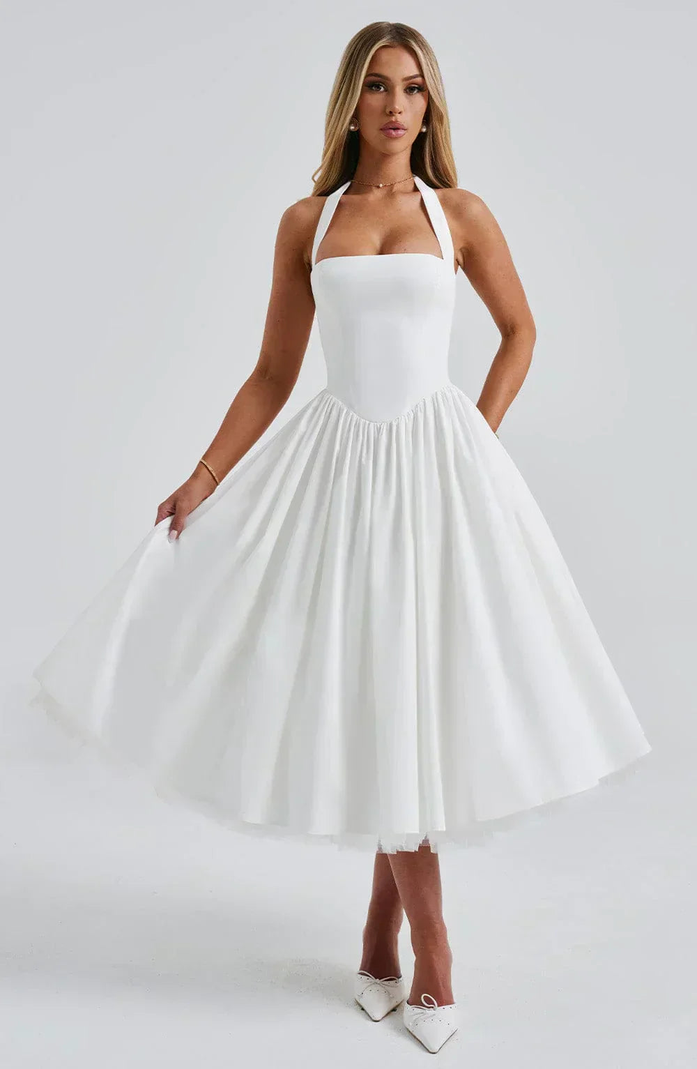 Women’s Halter Midi Dress Elegant Lace-Up Back Design 0