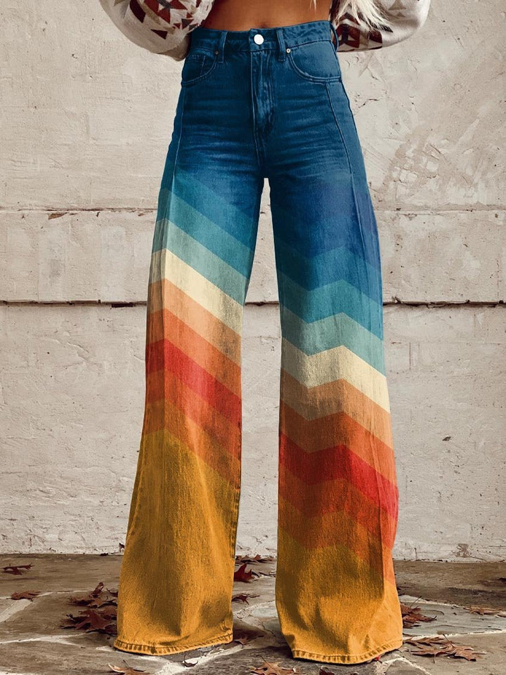 Women’s High-Rise Wide Leg Trousers Chevron Gradient Print 0