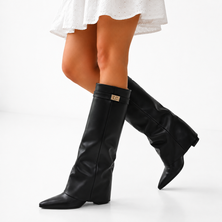 Women’s Knee-High Vegan Leather Boots Pointed Toe Design 0
