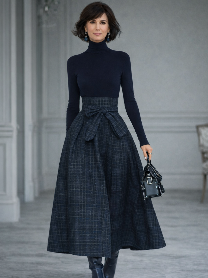 Women’s Knit Top and Plaid Maxi Skirt Set with Belted Waist 0