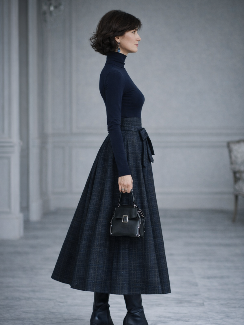 Women’s Knit Top and Plaid Maxi Skirt Set with Belted Waist 1