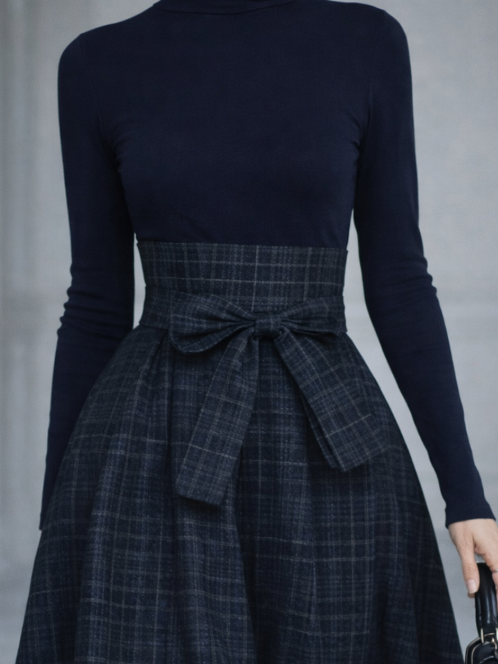 Women’s Knit Top and Plaid Maxi Skirt Set with Belted Waist 2