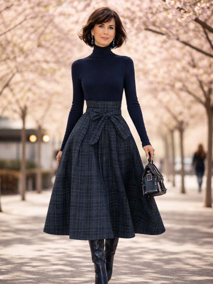 Women’s Knit Top and Plaid Maxi Skirt Set with Belted Waist 4