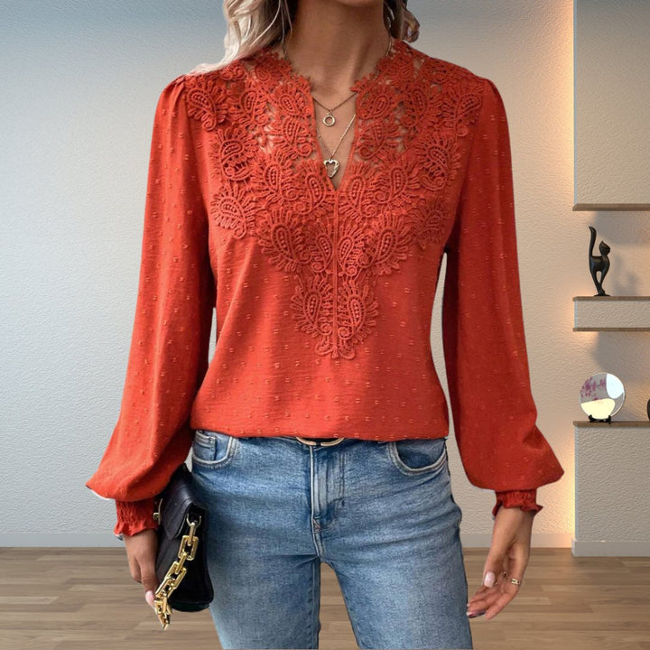 Women’s Lace-Bodice V-Neck Blouse with Smocked Cuffs and Long Sleeves 0