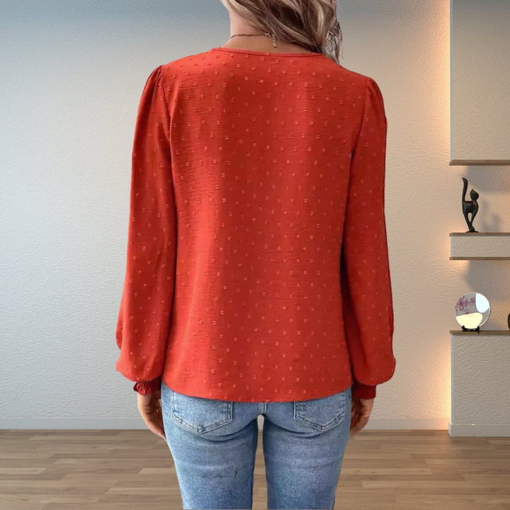 Women’s Lace-Bodice V-Neck Blouse with Smocked Cuffs and Long Sleeves 1