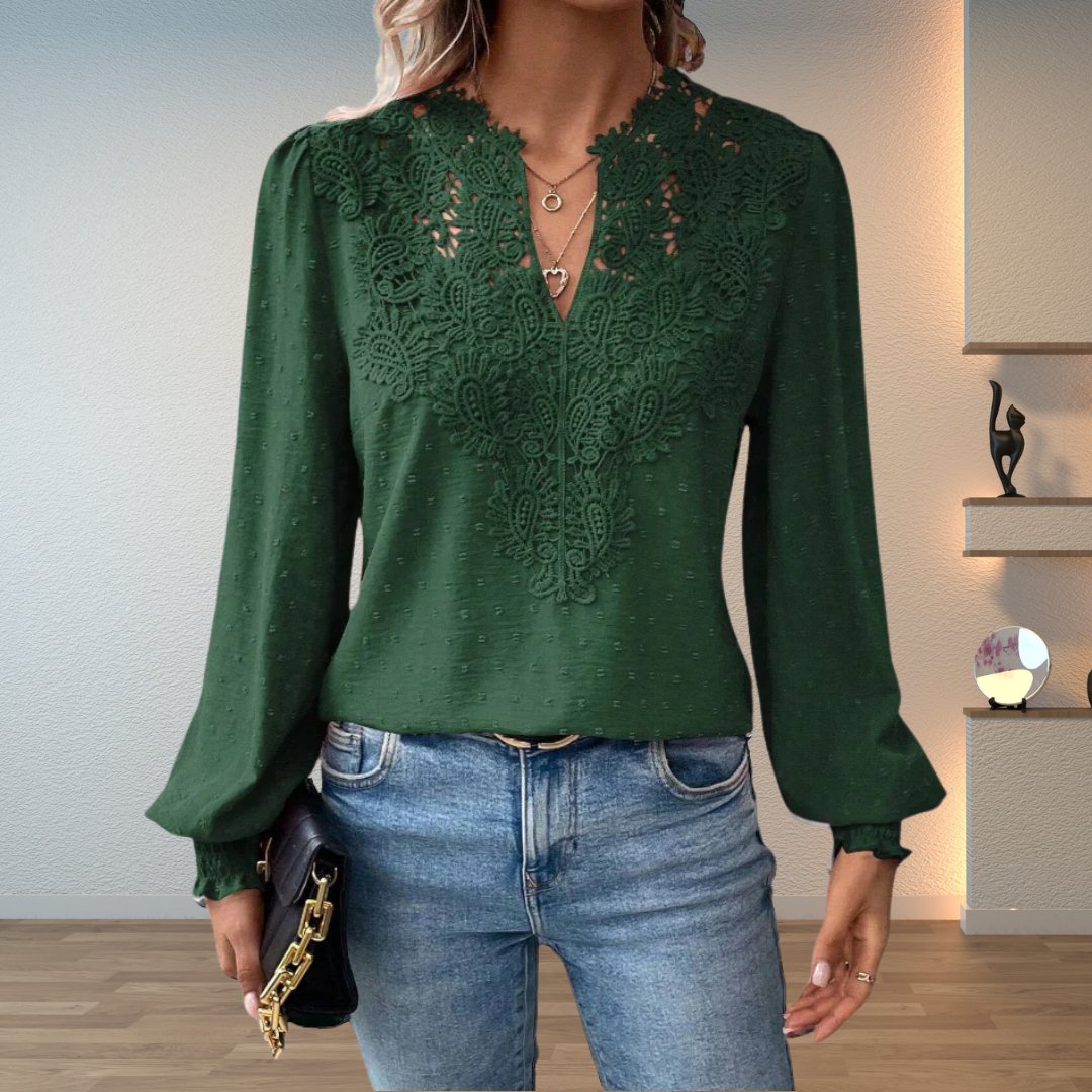 Women’s Lace-Bodice V-Neck Blouse with Smocked Cuffs and Long Sleeves 3