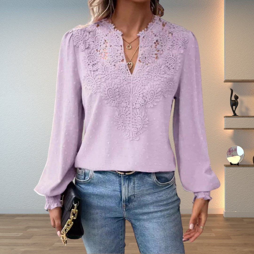 Women’s Lace-Bodice V-Neck Blouse with Smocked Cuffs and Long Sleeves 4