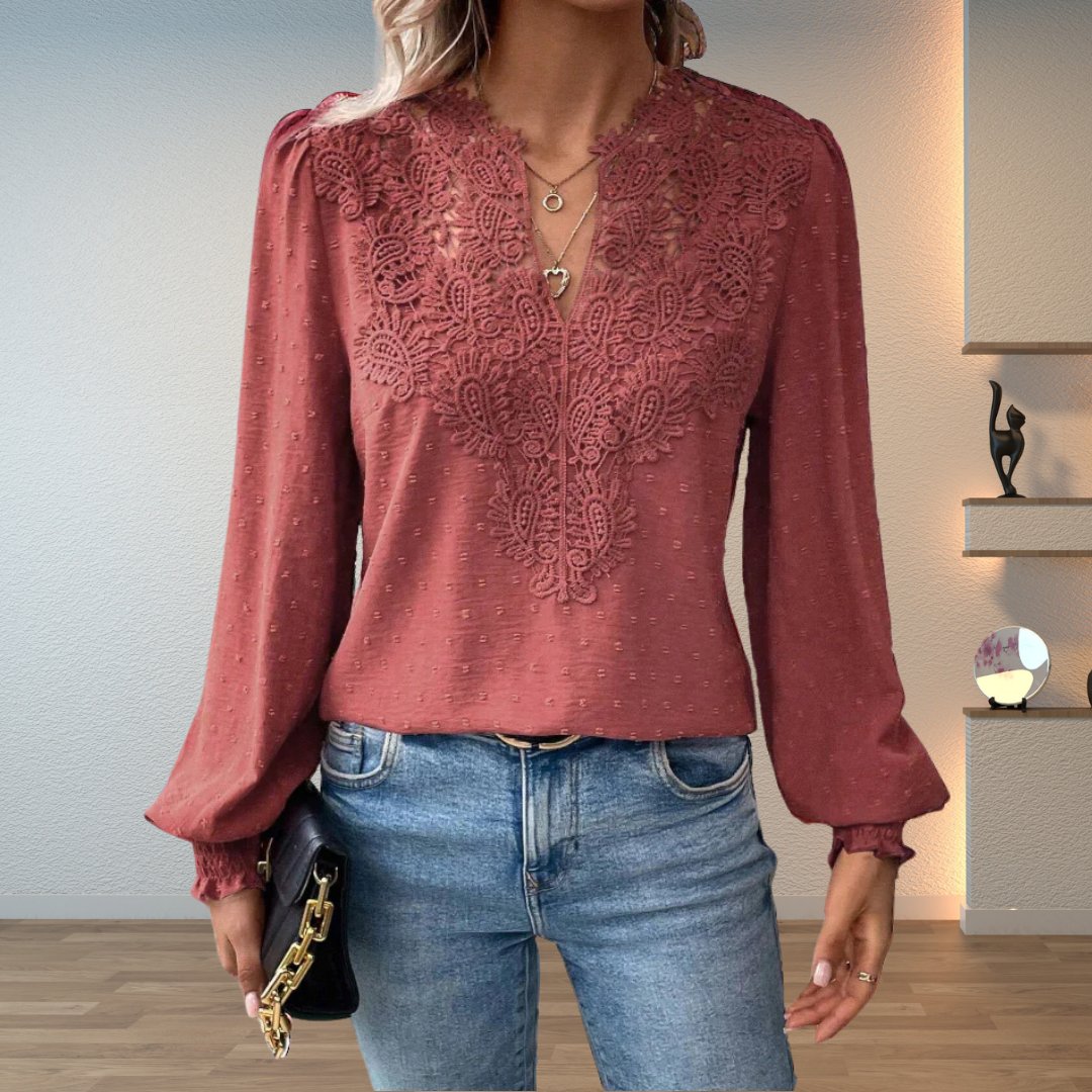 Women’s Lace-Bodice V-Neck Blouse with Smocked Cuffs and Long Sleeves 5