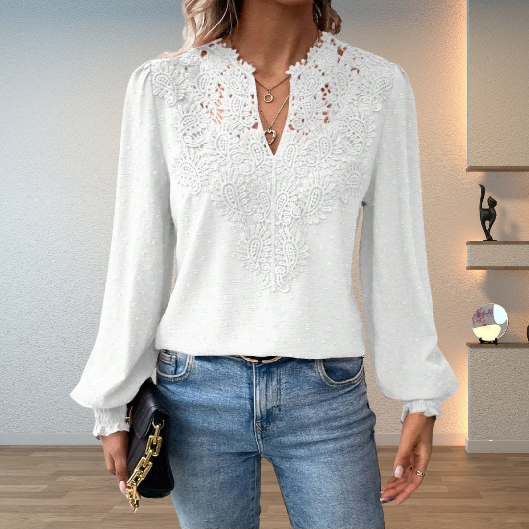 Women’s Lace-Bodice V-Neck Blouse with Smocked Cuffs and Long Sleeves 6
