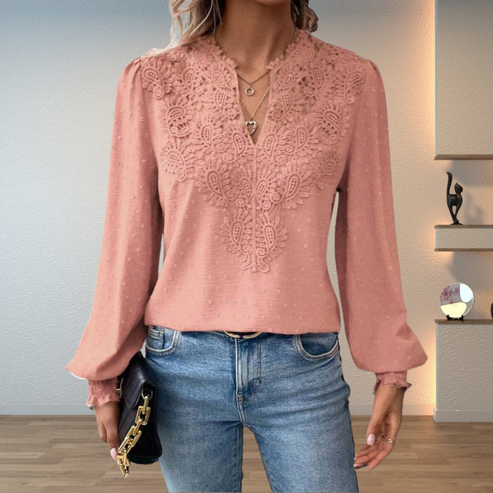 Women’s Lace-Bodice V-Neck Blouse with Smocked Cuffs and Long Sleeves 7