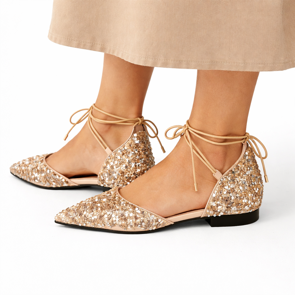 Women’s Lace-Up Bridal Shoes Gold Crystal Embellished Elegant Design 0