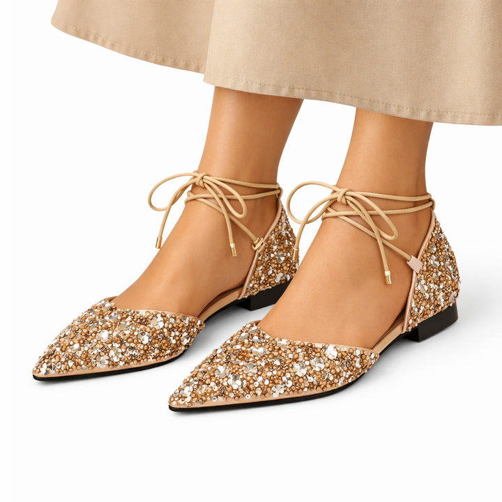 Women’s Lace-Up Bridal Shoes Gold Crystal Embellished Elegant Design 1