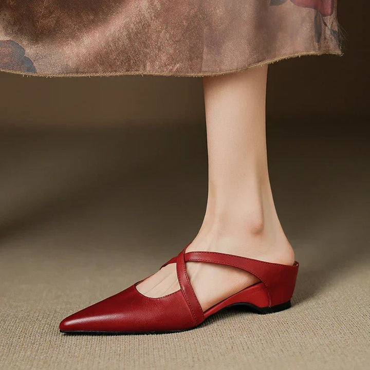 Women’s Leather Mules Pointed-Toe Cross-Strap Design with Low Heel 0