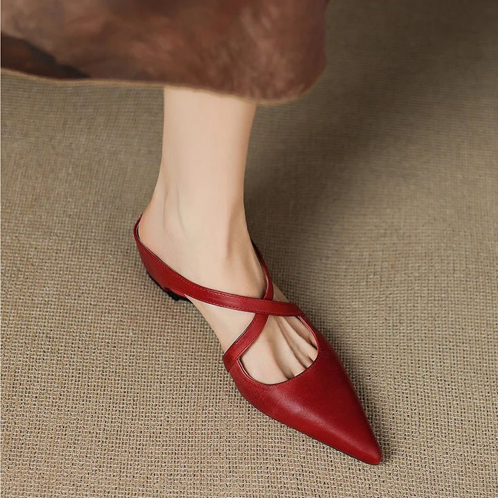 Women’s Leather Mules Pointed-Toe Cross-Strap Design with Low Heel 2