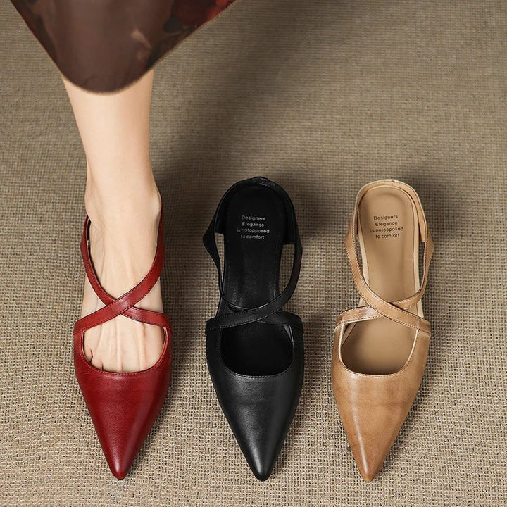 Women’s Leather Mules Pointed-Toe Cross-Strap Design with Low Heel 5