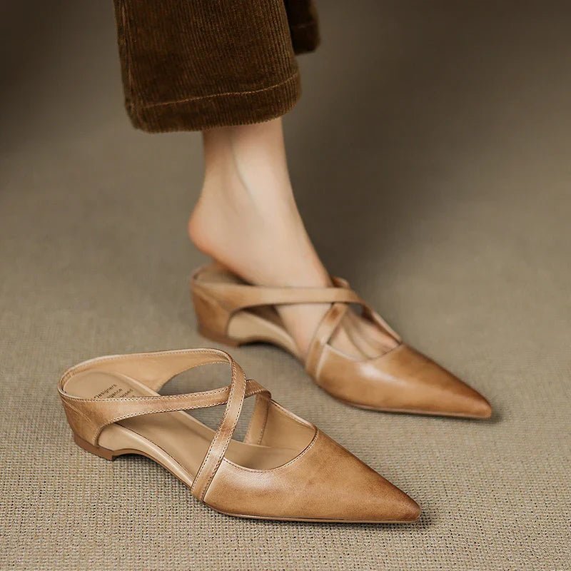 Women’s Leather Mules Pointed-Toe Cross-Strap Design with Low Heel 6