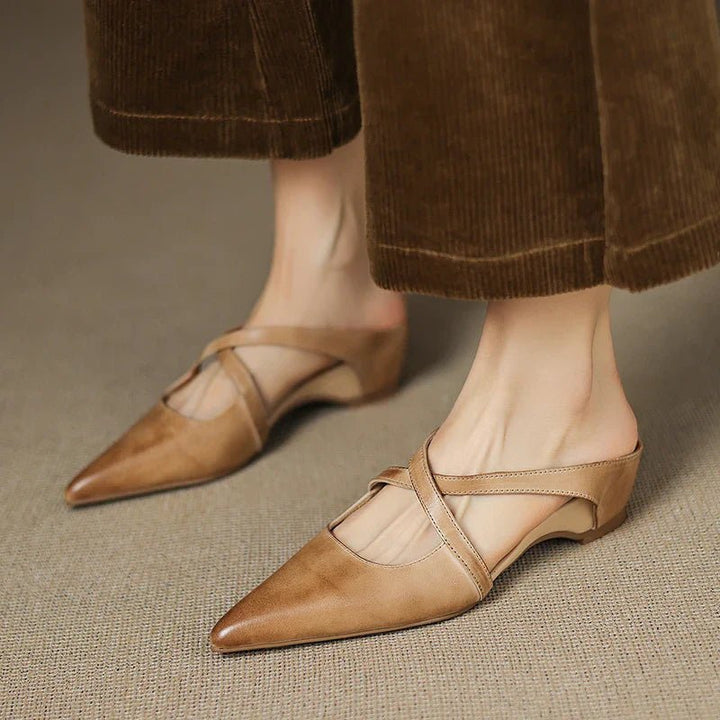 Women’s Leather Mules Pointed-Toe Cross-Strap Design with Low Heel 7
