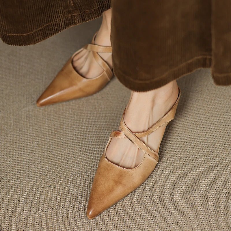 Women’s Leather Mules Pointed-Toe Cross-Strap Design with Low Heel 8