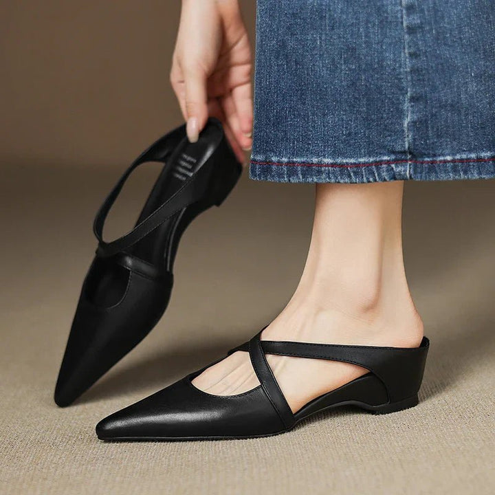 Women’s Leather Mules Pointed-Toe Cross-Strap Design with Low Heel 9