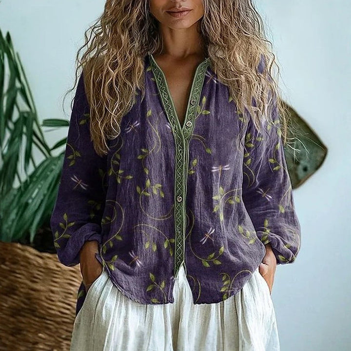 Women’s Long Sleeve Blouse Embroidered Floral V-Neck Design 0