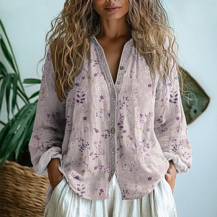 Women’s Long Sleeve Blouse Embroidered Floral V-Neck Design 1