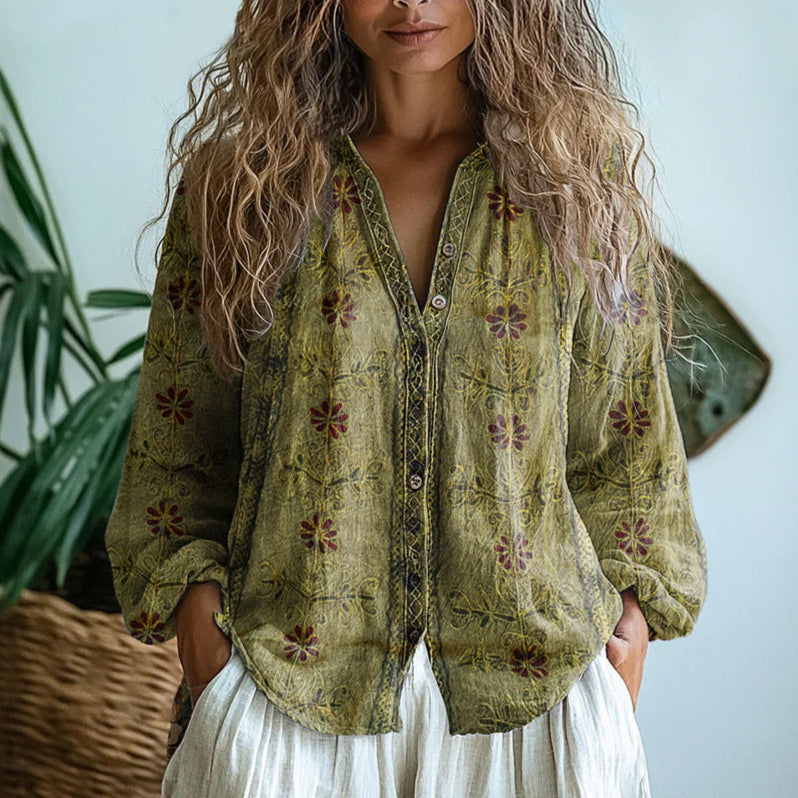 Women’s Long Sleeve Blouse Embroidered Floral V-Neck Design 2