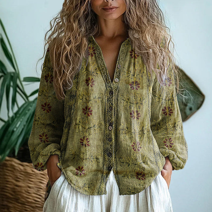 Women’s Long Sleeve Blouse Embroidered Floral V-Neck Design 2